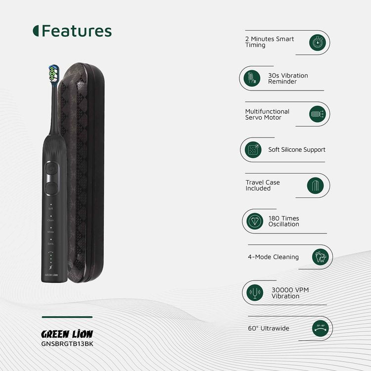 Green Lion Smart Brush 60° Ultrawide with Multifunctional Servo Motor, 2 Minutes Smart Timing, Up to 80 Uses Possible Per Each Charge, Soft Silicone Support, Travel Case Included, 60° Rotation, 30 Seconds Vibration Reminder - Black