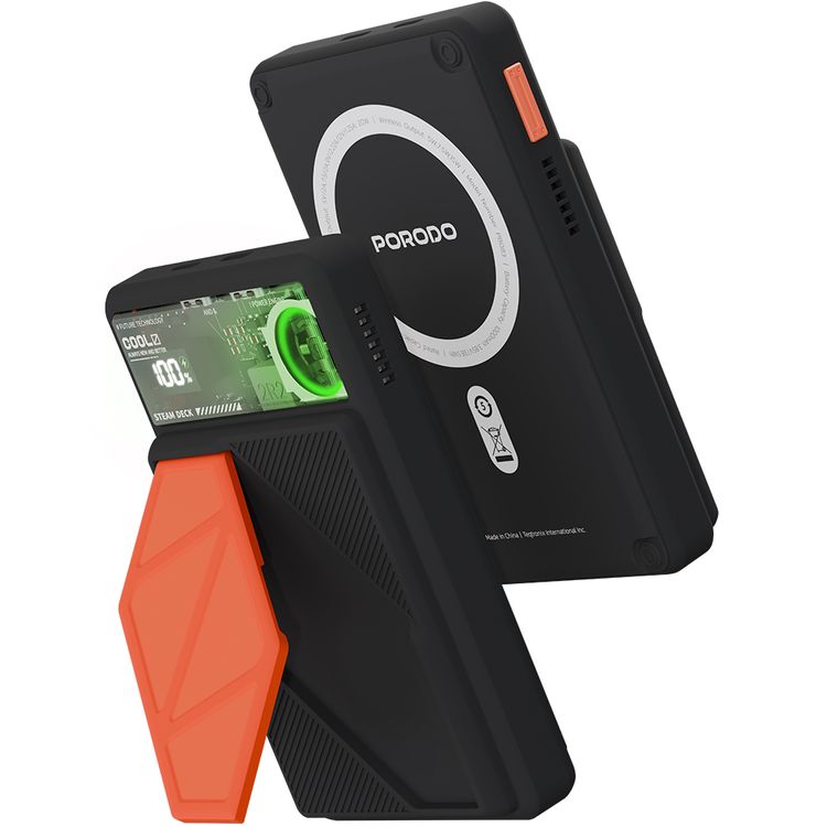 Porodo 10000mAh MagSafe Power Bank with Smart Thermal Cooling, 20W PD USB-C Output, 15W Wireless Charging Output, 10W Lightning Input, Built-in Stand, RGB Dynamic Lights - Black