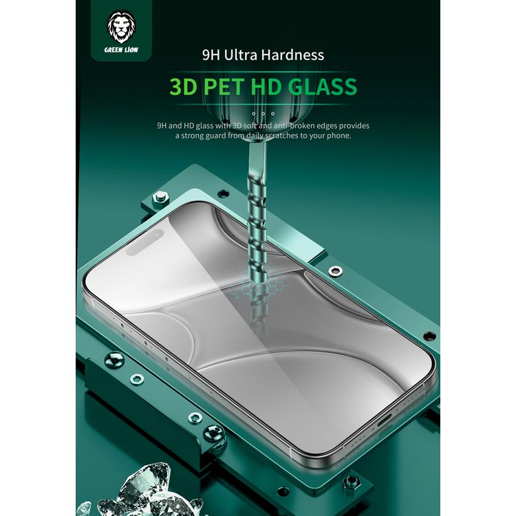Green Lion 4-in-1 Defender Pack for iPhone 16 Pro, Anti-Shock Case, Nano HD Full Protection, Camera Lens Film, 3D Pet HD Glass - Clear