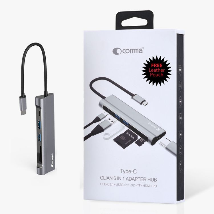 موزع محول من سلسلة Comma Clian Type-C 6 في 1 - رمادي