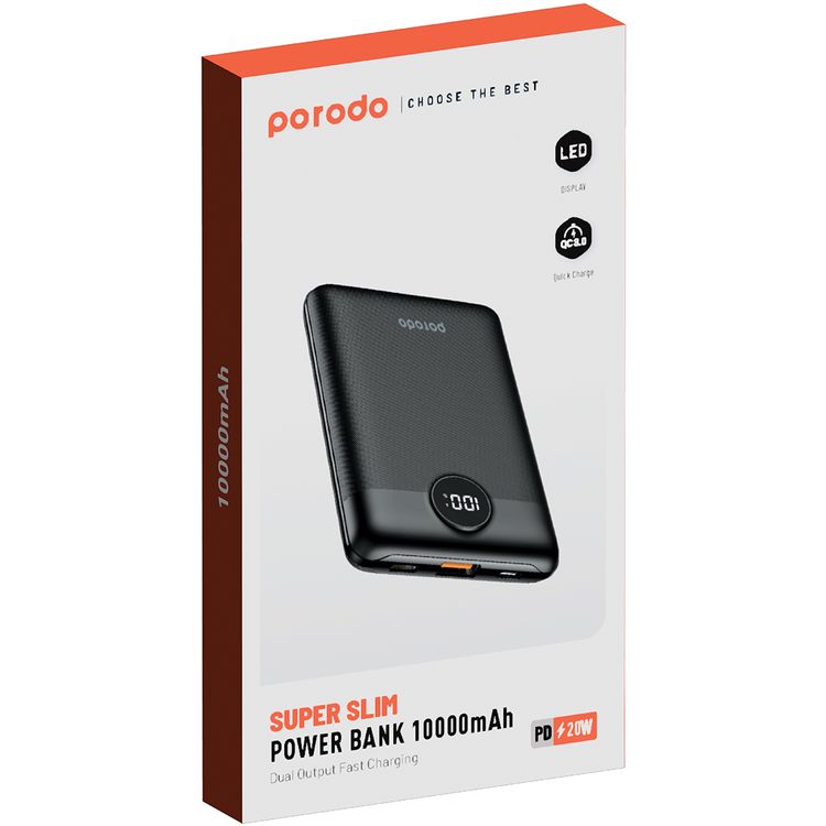 Porodo Super Slim 10000mAh Power Bank with PD 20W, QC3.0, USB-C & USB-A & Micro Ports, LED Display, Slim and Lightweight Design - Black