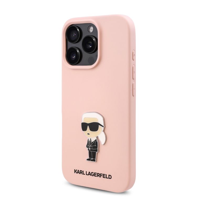 كفر حماية Karl Lagerfeld TPU سيليكون صلب مع شعار Ikonik لهاتف iPhone 16 Pro Max، مادة متينة، قبضة مريحة وآمنة، خفيف الوزن ونحيف - وردي