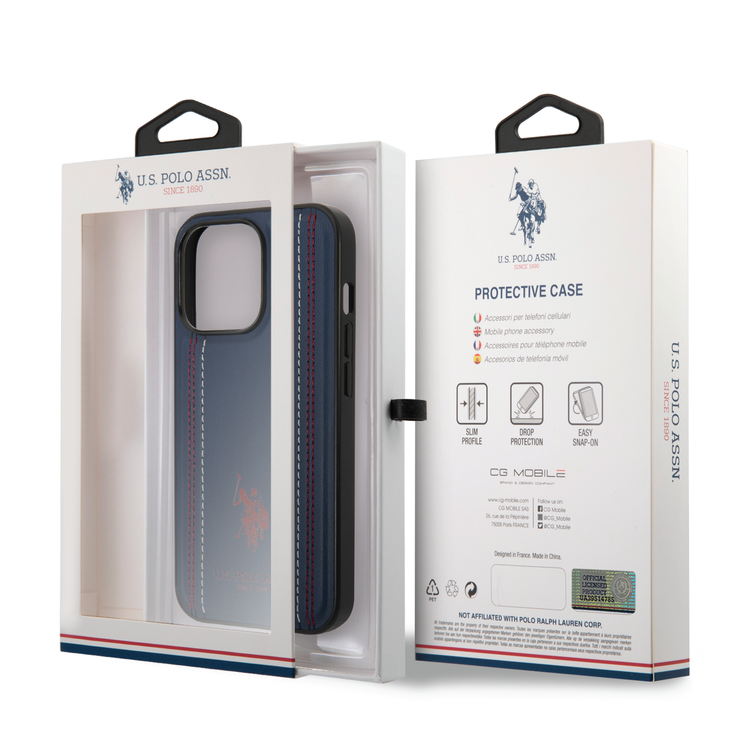 USPA PU Leather Case with Stitched Lines Double Line & Horse Logo iPhone 14 Pro Compatibility - Navy