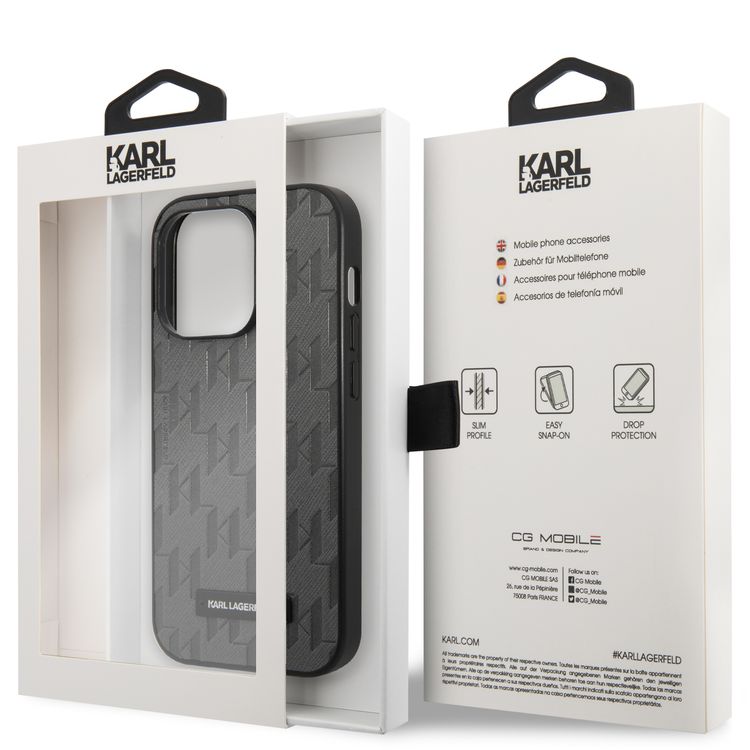 Karl Lagerfeld Saffiano Monogram Case with Metal Plate Logo iPhone 14 Pro Max Compatibility - Grey