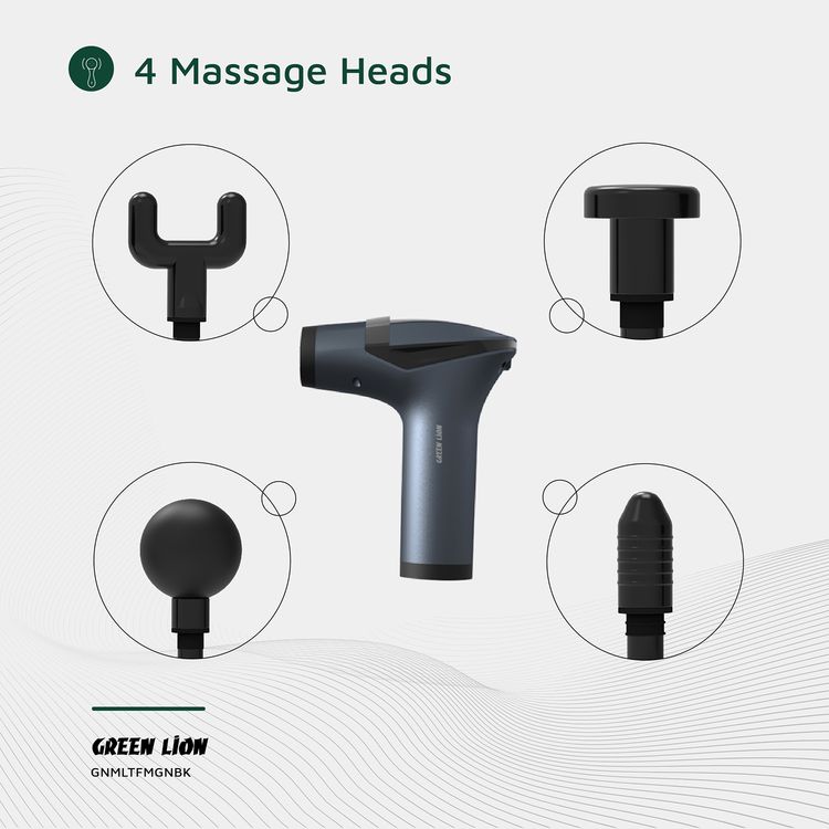 Green Lion Multifunctional GMG-05 Massage Gun with 4 Massage Heads, Extension Handle, LED Light, Massage Belt, Type-C Charging Port, Up to 3 Hours Working Time, 15000mAh Battery - Black 