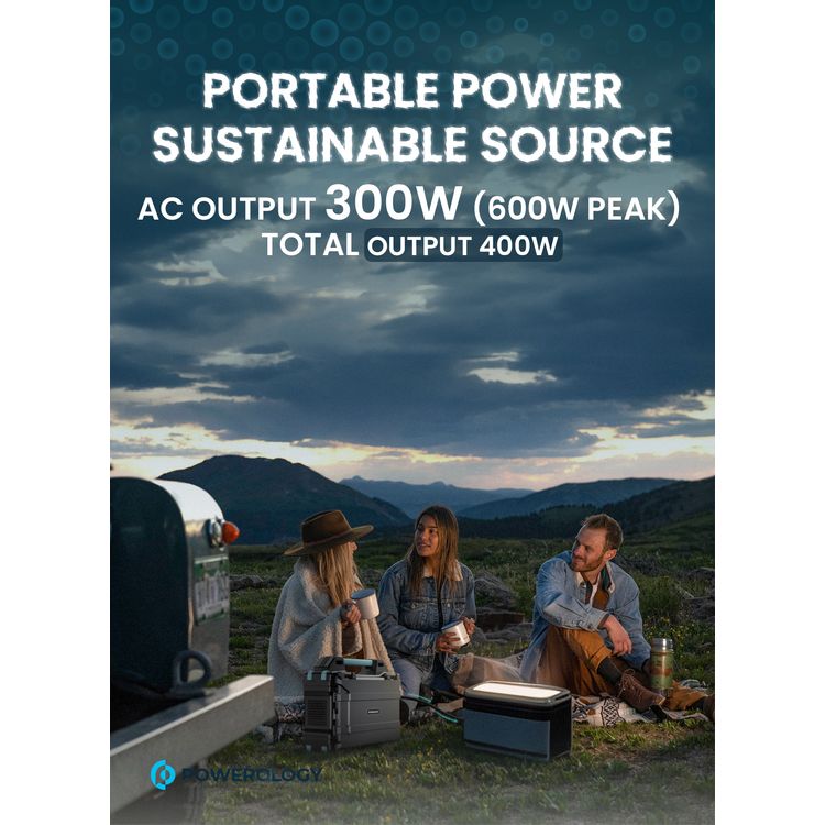 Powerology 76800mAh 300W Portable Power Generator Integrated Solar Panel, 18W QC 3.0, PD 60W, Car Charger Output 10A, 60W Type-C Input - Black