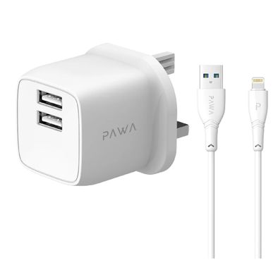 PAWA PocketMini Dual USB Travel Charger UK Standard USB-A to Lightning Cable - White