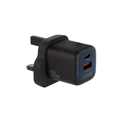 Levelo Vero GaN  Double Port Adapter with PD 20W, Type-C + USB-A Ports, 20W Max Output, Fast Charging, Over Charge Protection - Black / Blue