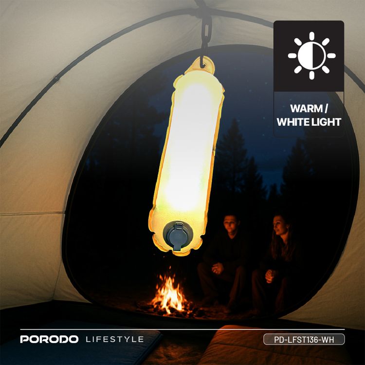 Porodo Inflatable Outdoor Magnetic Tube Light with Warm & White Light, Up to 15 Hours Working Time, Magnetic Attachment, Up to 150 Lumens Brightness, 2000mAh Battery Capacity, Type-C Charging Port, TPU Material - White