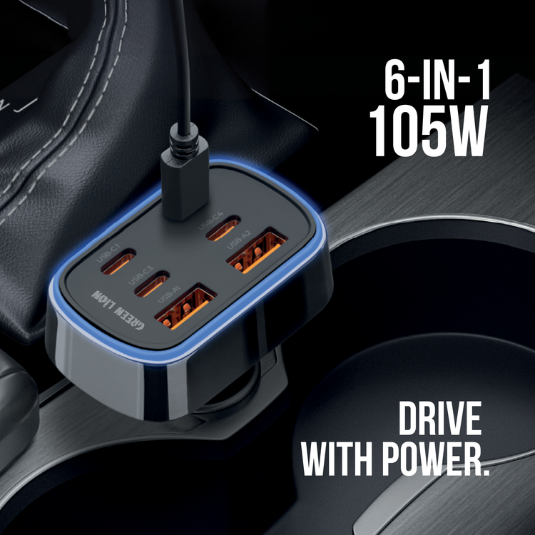 Green Lion 6-in-1 High Drive Car Charger with 4 USB-C Ports, 2 USB-A Ports, Flame Retardant PC, Simultaneous Charging, LED Soft Glow, QC 3.0 30W Max, PD 35W Fast Charging, PC + Zinc Alloy Material - Black