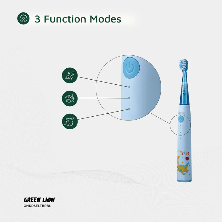 Green Lion Kids Electric Toothbrush with 3 Function Modes, 60 Days Working Time, Food-Grade Bristles, Waterproof, Shining Lights, 500mAh Battery Capacity - Blue