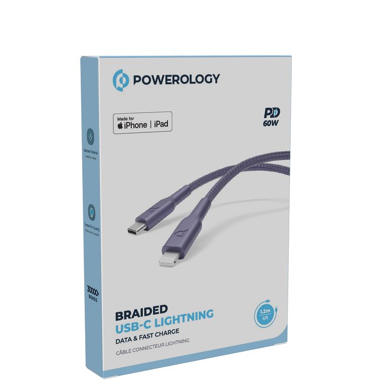كيبل باورولوچي مضفر USB-C إلى Lightning للشحن مع الشحن السريع ونقل البيانات، توصيل طاقة 60 واط، توافق عالمي، طول الكابل 1.2 متر - بنفسجي