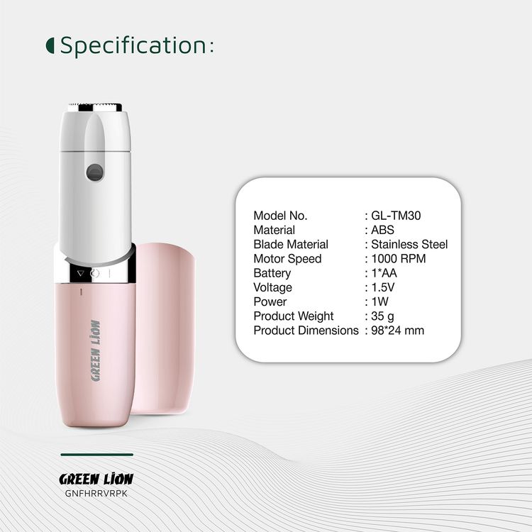 Green Lion Facial Hair Remover with Stainless Steel Blade & LED Indicator, 1W Power, 1000 RPM Motor Speed, Replaceable AA Battery, Protective Cover, Skin Friendly, Ergonomic Design - Pink