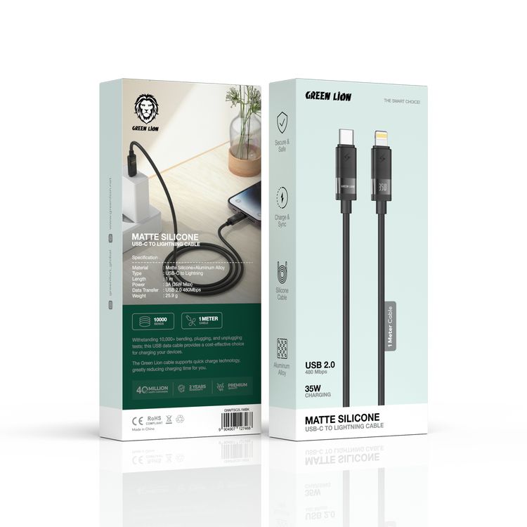 Green Lion Matte Silicone USB-C to Lightning Cable with 35W Charging Power, USB 2.0 480 Mbps Data Transfer, Secure & Safe, Charge & Sync, Matte Silicone + Aluminum Alloy Material, 1m Cable Length - Black