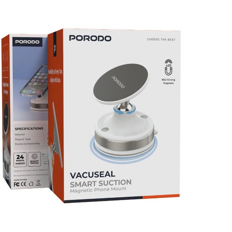 Porodo Vacuseal Smart Suction Magnetic Phone Mount with Adjustable Viewing Angle, N52 Magnets, 5.5" to 6.9" Device Compatibility, Strong Suction - White