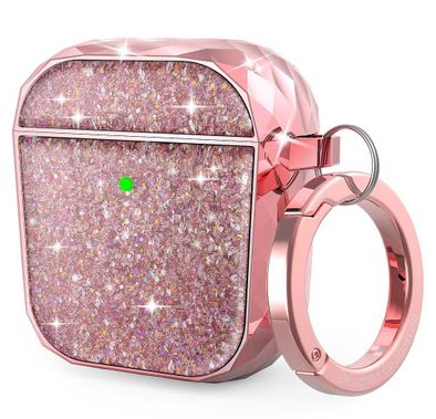 AhaStyle Luxury Glittery Glossy Case with Anti-Lost Carabiner Compatible for AirPods 1/2, Hard Plastic Twinkle Glitter Case, Protective Cover Suitable for Girls Women Lady