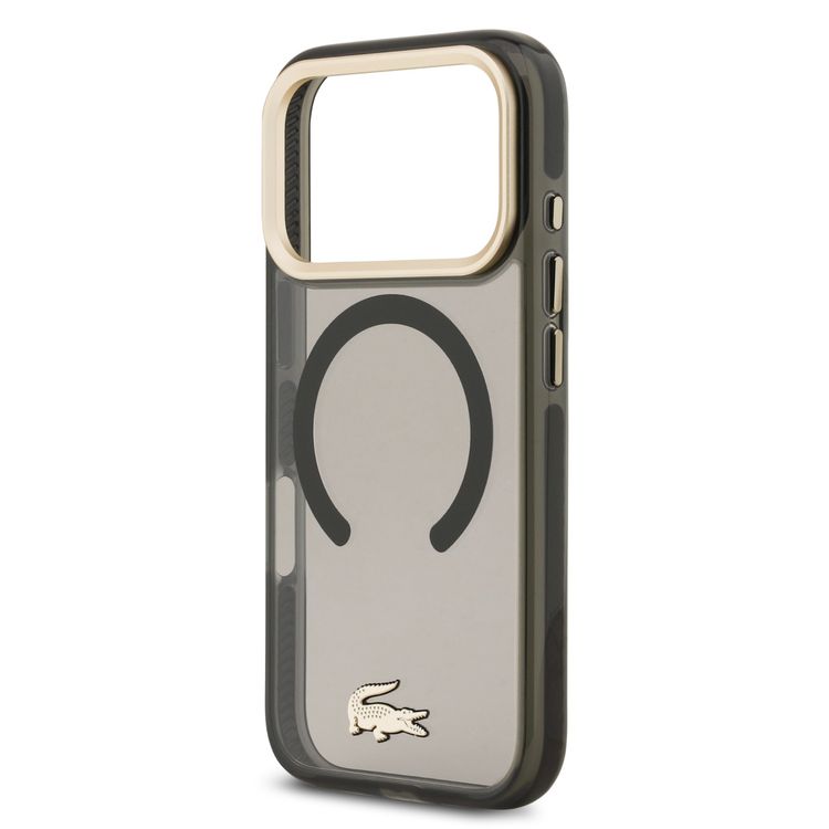 حافظة لاكوست ماج سيف الشفافة المصنوعة من TPU وPC مع تشطيب مات لهاتف آيفون 17 برو ماكس، حماية من السقوط، تصميم نحيف، تغليف مستدام، سهلة التركيب - باللون الأسود المدخن / الذهبي