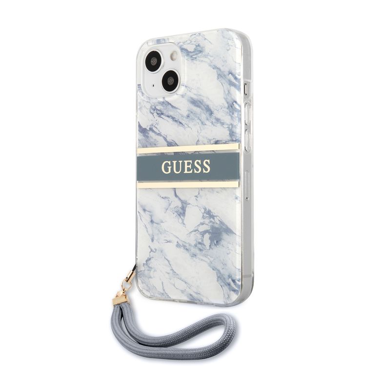 CG MOBILE Guess PC/TPU Case Marble Design & Stripe with Anti-Lost Nylon Strap for iPhone 13 (6.1") Shock Absorption & Drop Protection Suitable with Wireless Chargers Officially Licensed Blue
