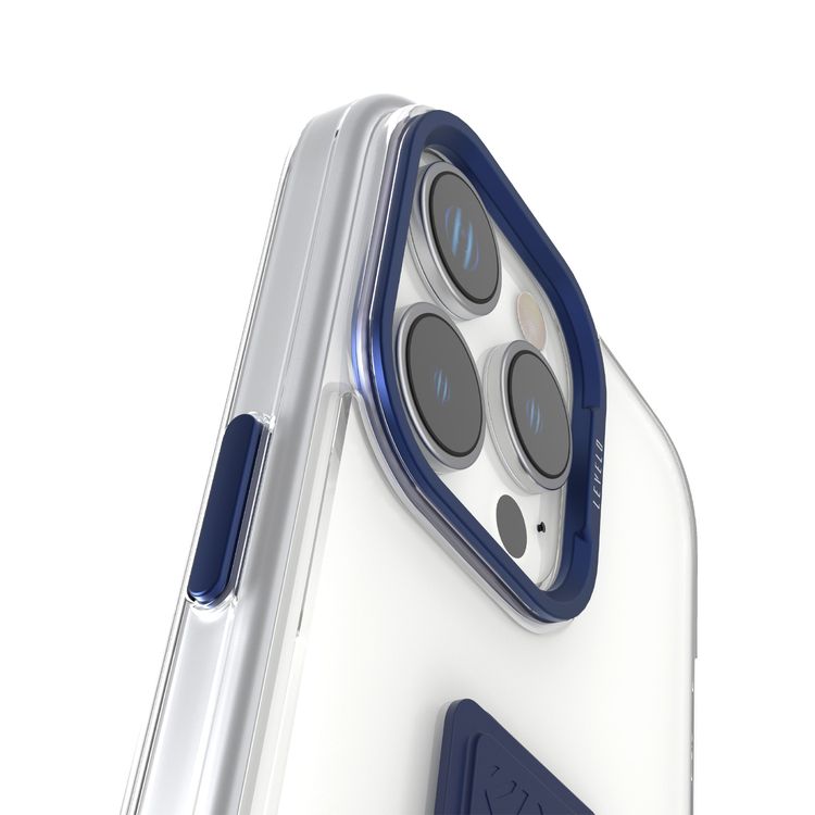Levelo Morphix Clara Case for iPhone 16 Pro, Hybrid Material, Impact-Resistant Corners, Built-in Leather Grip, Metal Camera Ring - Blue