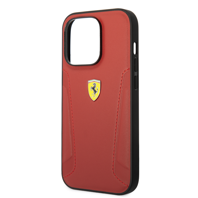 Ferrari Leather Case With Hot Stamped Sides & Yellow Shield Logo - iPhone 14 Pro Max - Red