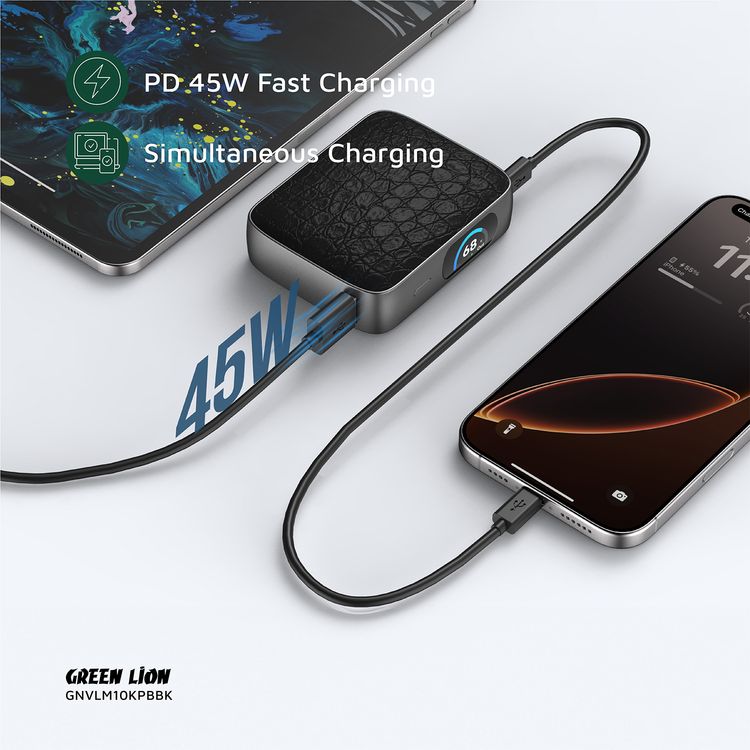 البنك الطاقة الأخضر لايون VALMONT بقوة 10000mAh مع جلد PU فاخر، شحن سريع بقدرة 45W PD، معتمد للرحلات الجوية، شاشة TFT، شحن QC18W - أسود