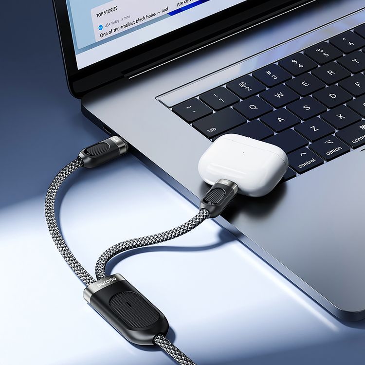 كابل الشحن السريع من Porodo بنوع Type-C وLightning مع واجهة إدخال Type-C، يدعم الشحن المتزامن، متوافق عالميًا، قوة خرج Lightning تصل إلى 12 واط، مصنوع من مادة خارجية مضفرة - لون أسود.