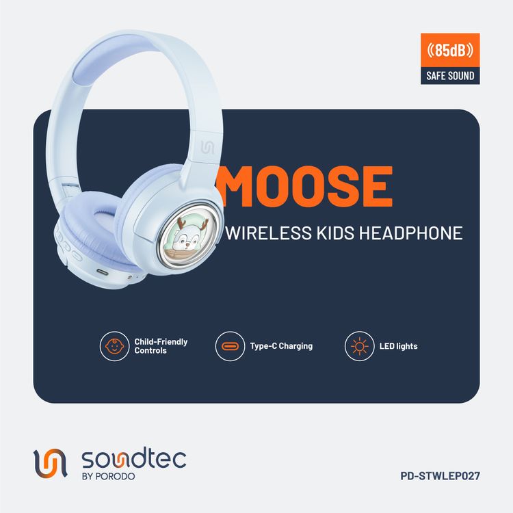 Porodo Soundtec Moose Wireless Kids Headphone, V5.3 Bluetooth, 2H Charging Time, 40mm Speaker Size, 20H Play Time, LED Lights, 400mAh - Blue