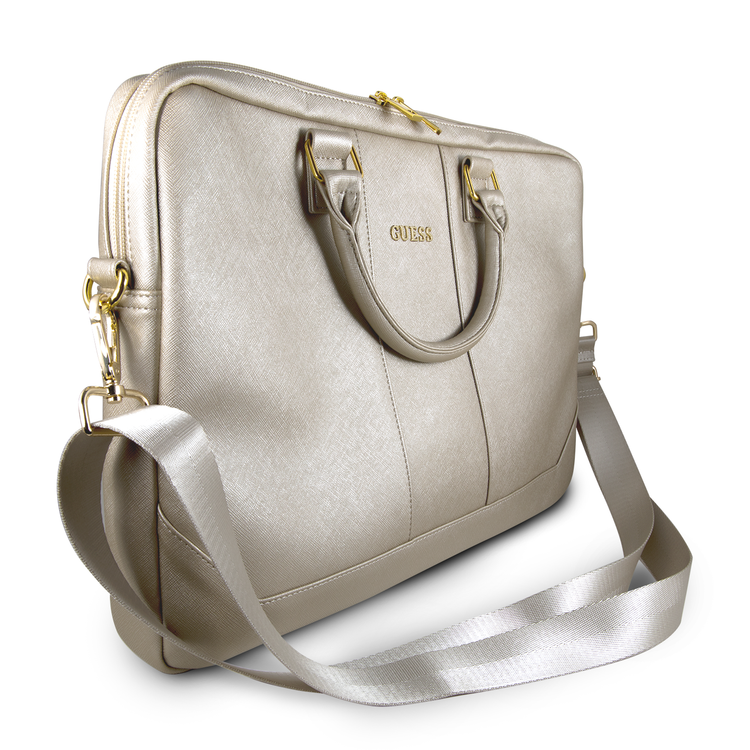 CG MOBILE Guess Saffiano-Look Computer Bag 15" with Adjustable Shoulder Strap with Zipper for MacBook, Suitable for Outdoor, Business, Office, School Officially Licensed Beige