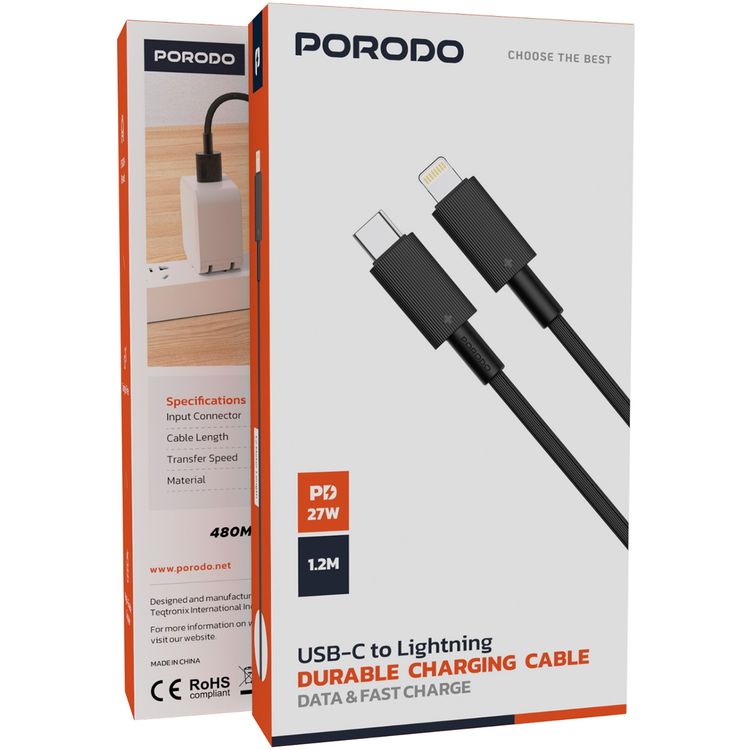 كابل بورودو USB-C إلى Lightning PVC، سرعة نقل 480 ميجابت في الثانية، PD 27 وات، عمر افتراضي يزيد عن 15000 ثنية، طول الكابل 1.2 متر، خالٍ من التشابك - أسود 