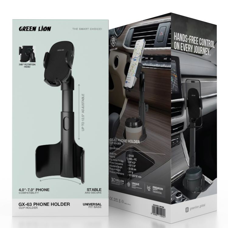 Green Lion GX-63 Cup Holder Phone Mount with 360° Rotation Head, Sturdy Telescopic Arm, Non-Slip Grip Pads, Cable-Friendly Design, ABS + PC Material, Universal Fit Base - Black