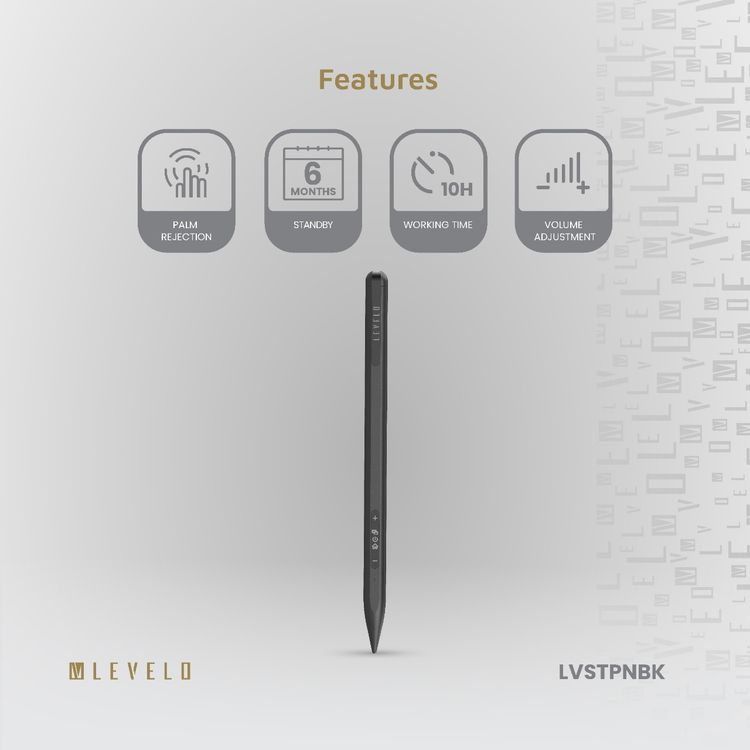 Levelo SkyWrite Versa Stylus Pen for iPad, 130mAh Battery Capacity, Aluminum Alloy & Polyoxymethylene Material, USB-C Charging Interface, <1 Hour Charging Time, 10 Hours Working Time, 6 Months Standby Mode, 2 Extra Tips, Strong Magnetic Field - Black