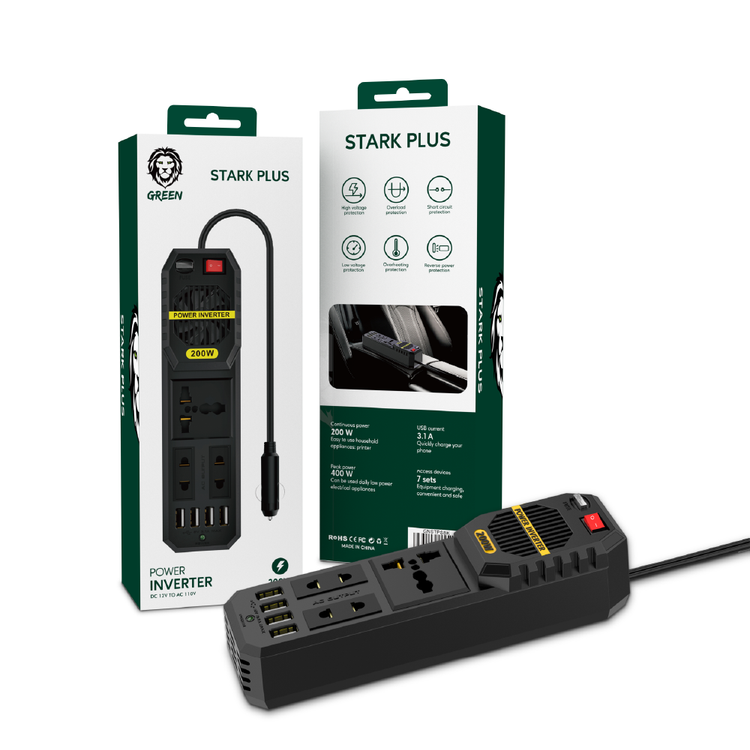 جهاز العاكس للطاقة Green Lion Stark Plus بقدرة تشغيل 200 واط، و4 منافذ USB-A، وحماية من السخونة الزائدة والتحميل الزائد، وإخراج تيار متردد بجهد 110 فولت، وحماية من الفولطية العالية، وحماية من عكس الطاقة - لون أسود
