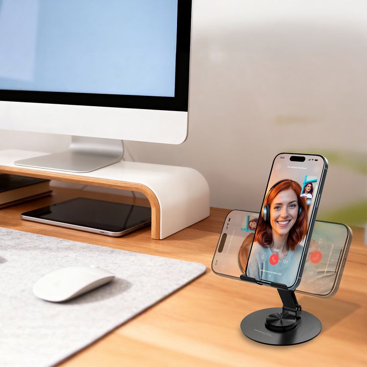 Porodo Blue 360° Rotating Base Desktop Phone Holder with Horizontal and Vertical Viewing, Foldable Design, Adjustable Arm, Stable and Non-Slip Base, One-Handed Operation, Universal Compatibility - Black