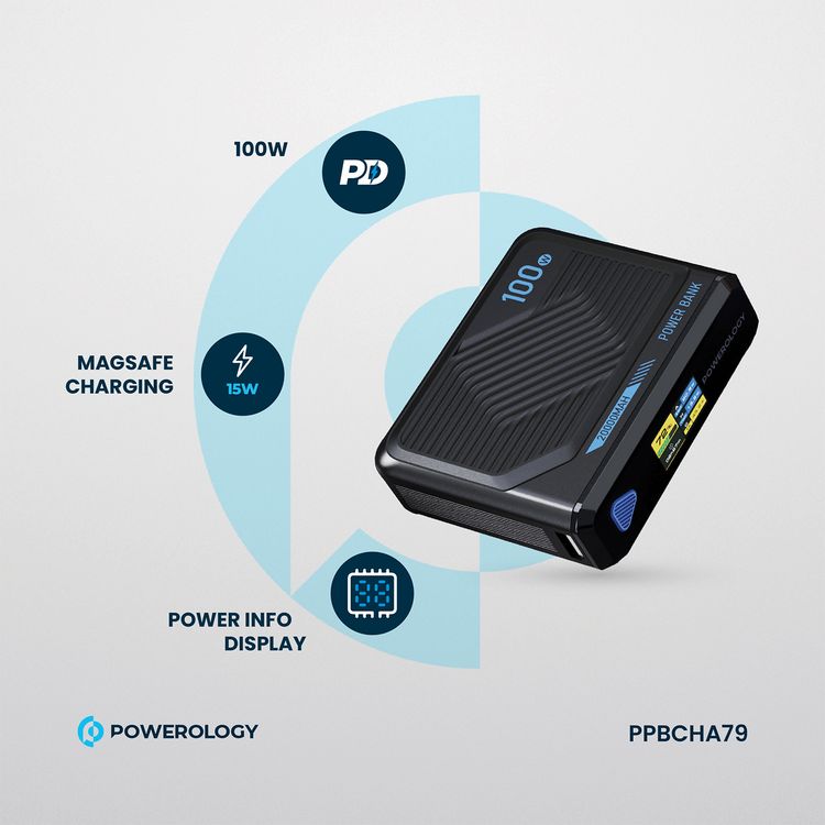 Powerology Ultra Mini 20000mAh Power Bank with Simultaneous Charging, Power Info Display, 100W Power Delivery, 15W Wireless Charging - Black