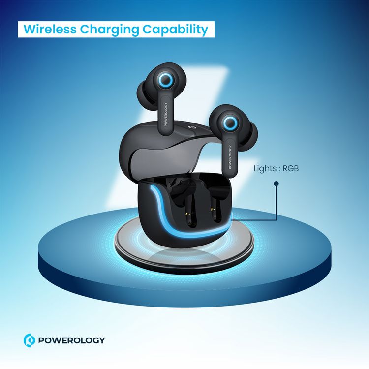 سماعات أذن لاسلكية Powerology Quad Mic ENC True، وقت تشغيل يصل إلى 6 ساعات، بلوتوث 5.3، شحن من النوع C، مسافة نقل 10 أمتار، أضواء RGB - أسود