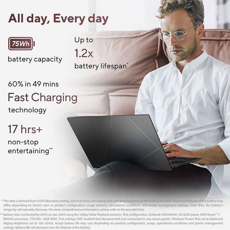 ASUS Zenbook 14 OLED Laptop - AMD Ryzen R7-8840HS, 16GB RAM, 1TB SSD, AMD Radeon Graphics, 14-inch FHD OLED, Windows 11 Home  - Jade Black