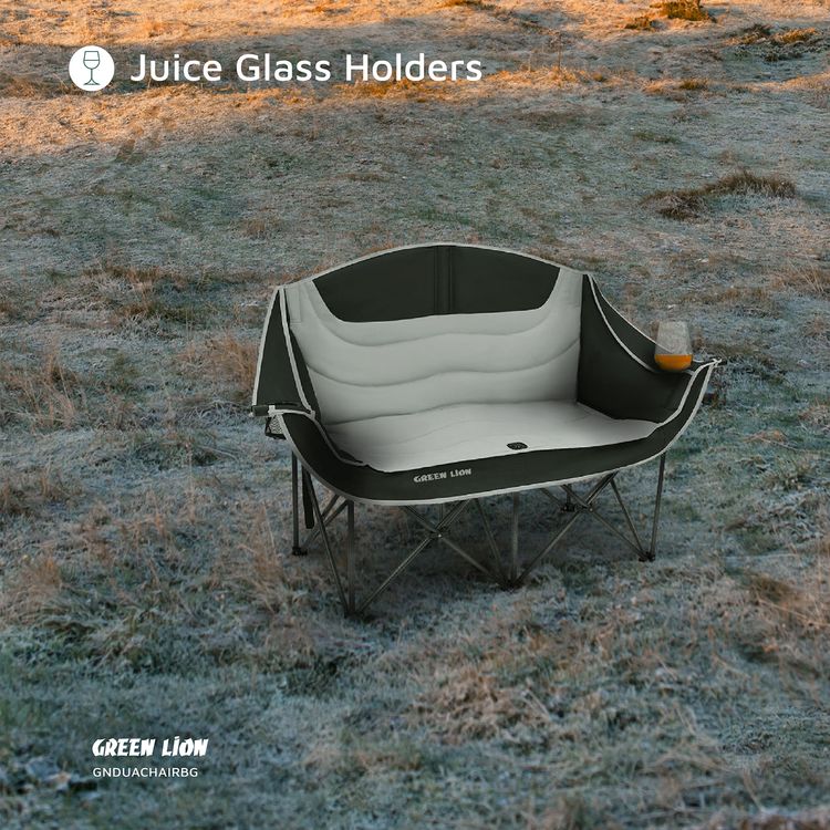 Green Lion Double Camping Chair, 600D Oxford Fabric + Steel Pipe Material, Camping Friendly, Safety Lock, Foldable Design, Easy Setup, Juice Glass Holders  - Gray / Black