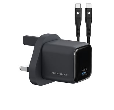 Powerology Volt-X 25W Mini Gan Wall Charger with USB-C to USB-C Cable, Universal Protocol Support, Fast Charging Speed, Wide Compatibility, Compact Travel Size - Black