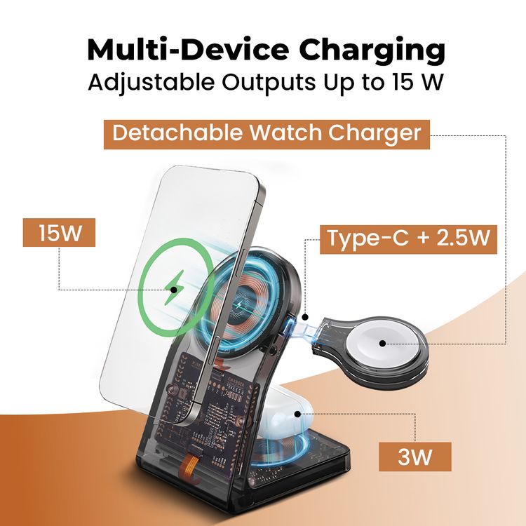 Porodo Transparent Shell Wireless Charging Stand with 15W Wireless Output, Multi-Device Charging, 3W Earbuds Output, Transparent Design, 2.5W Type-C Output - Black