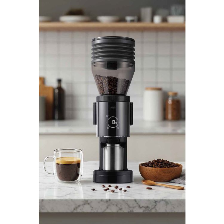 LePresso Precision Conical Burr Grinder with Digital Weight Control, Touch Display, 150W DC Motor Rated Power, 220-240V Rated Voltage, 50/60Hz Rated Frequency, 400g Bean Hopper Capacity, 90g Ground Coffee Cup Capacity, 3-Pin UK Plug, ABS & 304 Stainless Steel Materials - Black