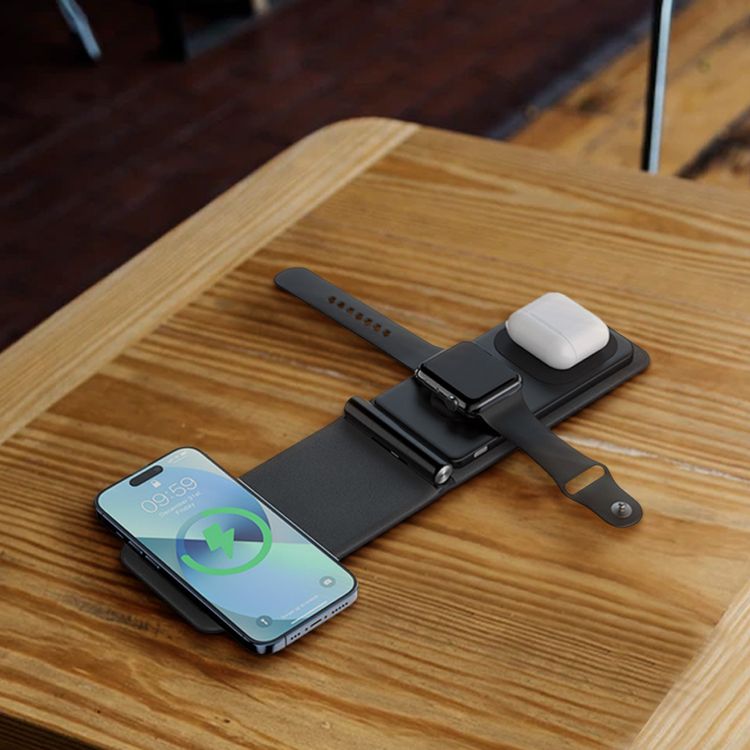 حامل شحن لاسلكي جلدي 3 في 1 من Levelo Arch، تصميم مدمج، شاحن 3 في 1، متوافق مع MagSafe - رمادي