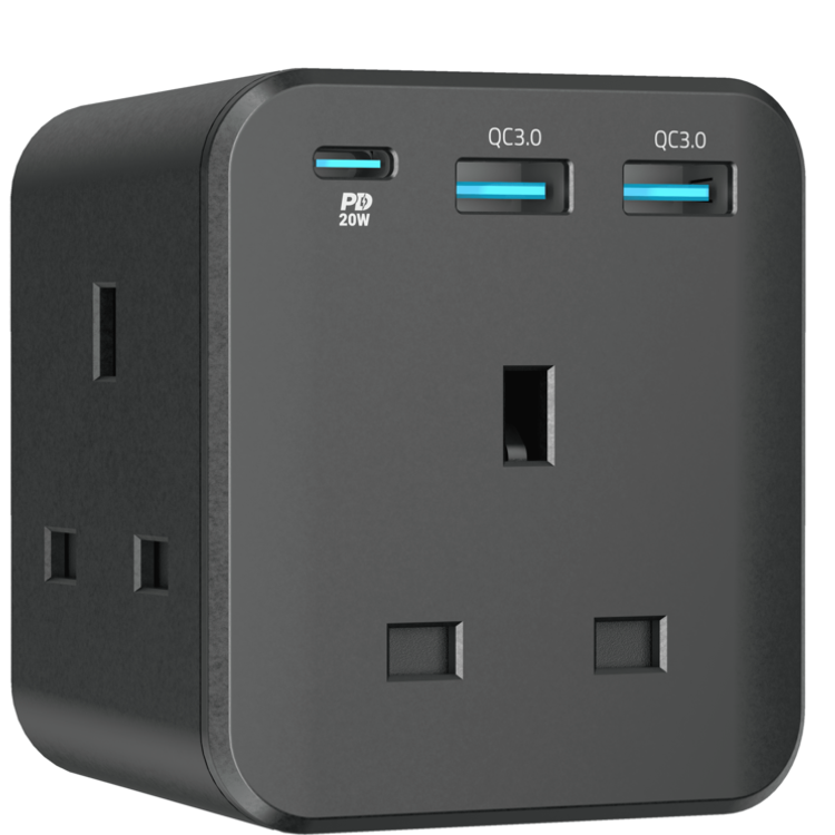 مقبس جداري باورولوجي بثلاثة مخارج مع شحن سريع USB - أسود