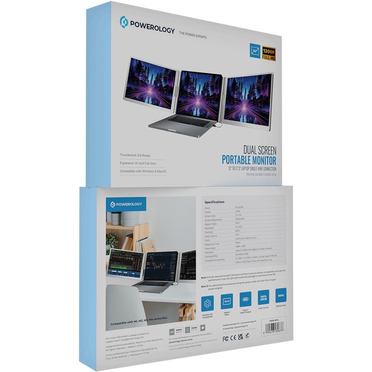Powerology Dual Screen Portable Monitor with Expansive 14-inch Full View, 1200p Full HD Resolution, Windows & macOS Compatibility, 89º Horizontal & Vertical View Angle - Silver