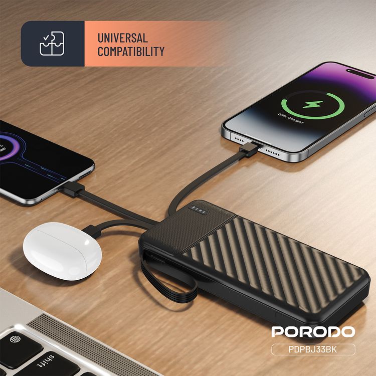 Porodo Piano 10000mAh Power Bank with Flashlight, Portable Handle, Phone Stand, 4 Integrated Cables, USB-A & USB-C & Micro Ports, Fast Charge Support, Universal Compatibility - Black