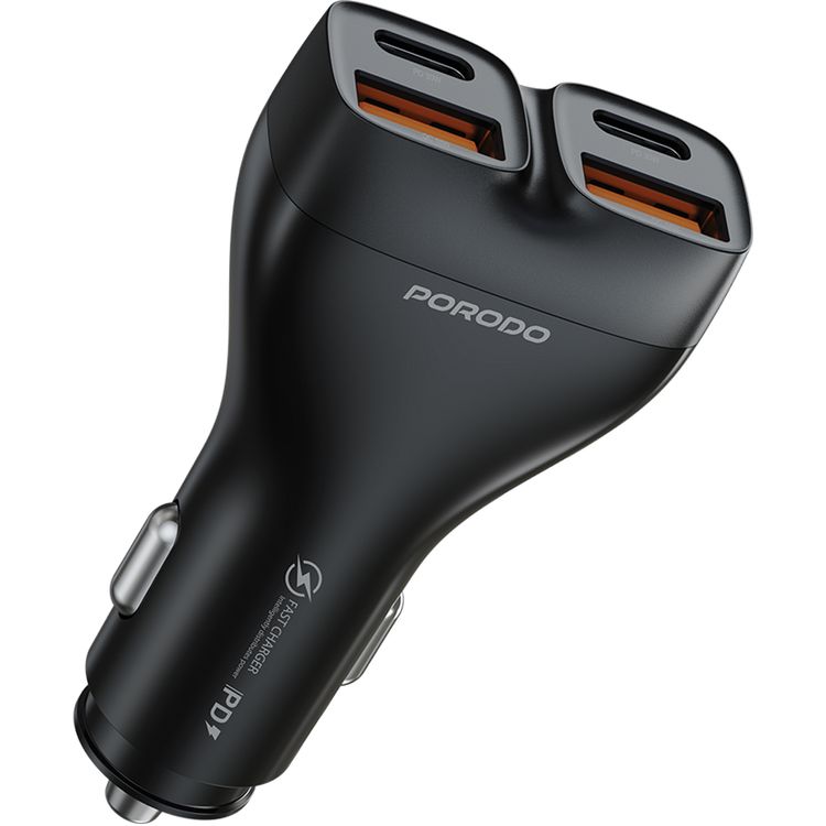 Porodo Dual Power Car Charger with USB-C to Lightning Cable, PD 30W, QC 18W, ×2 USB-A & ×2 USB-C Ports, 102W High Power Output, Fast Charging Technology, Smart Charging Protocols, Compact Design - Black