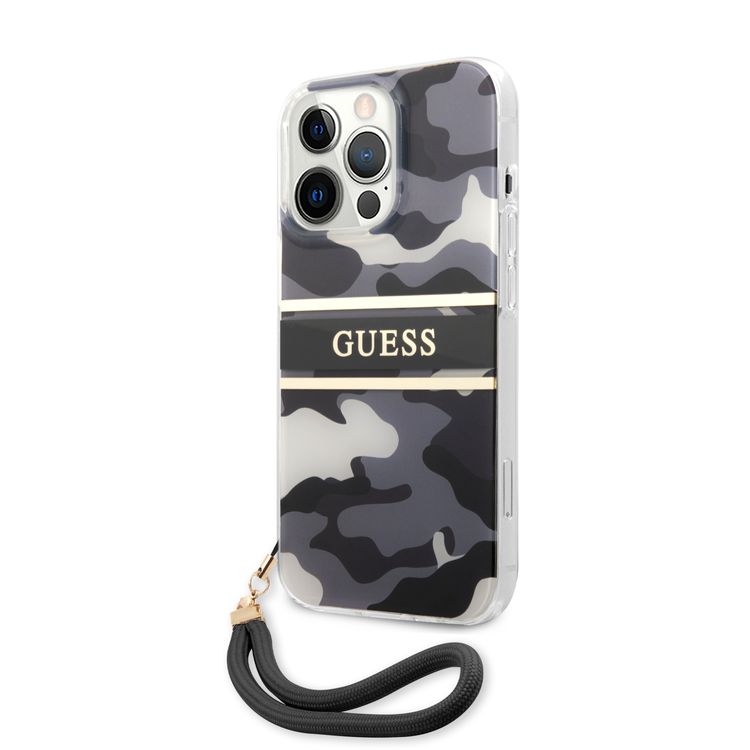 CG MOBILE Guess PC/TPU Case Camo Design & Stripe with Anti-Lost Nylon Strap for iPhone 13 Pro (6.1") Back Cover Suitable with Wireless Chargers Officially Licensed Black