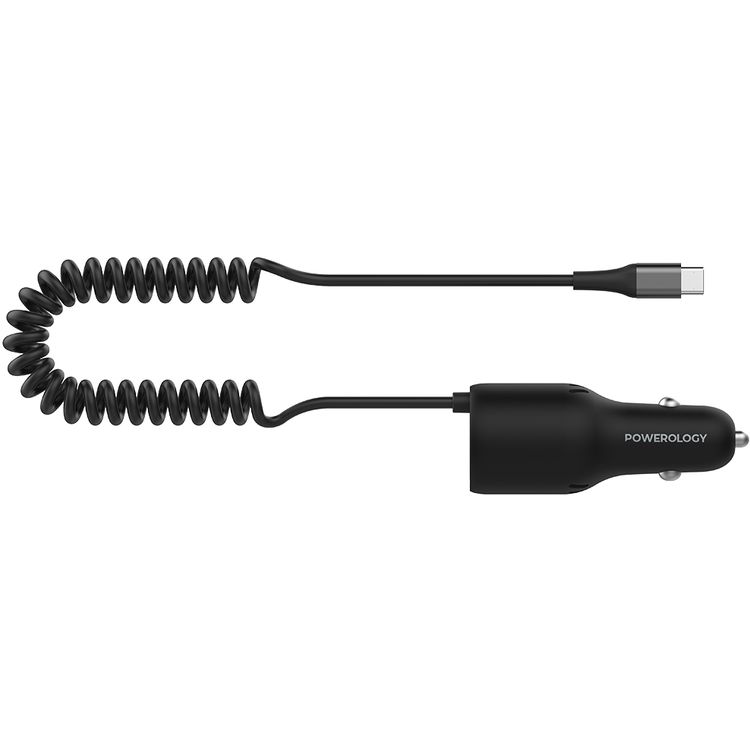 Powerology Triple Output Car Charger with 45W PD & 18W QC 3.0, Retractable Type-C Cable, Cooling Air Vent, ABS & PC Material, Built-in Safeguards, Fast Charging - Black