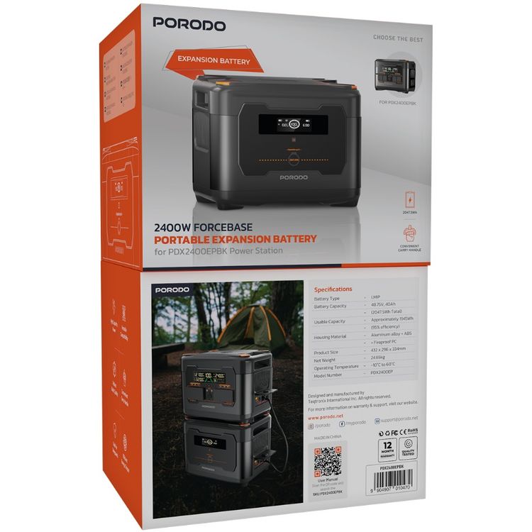 Porodo 2400W Forcebase Portable Expansion Battery for PDX2400EPBK Power Station with High Capacity Pwower, Versatile Compatibility, Convenient Carry Handle, Built-In Safeguards - Black