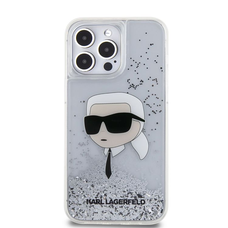 KARL LAGERFELD Liquid Glitter Hard Case with NFT Karl Head for iPhone 16 Pro Max, Slim Profile, Drop Protection - Clear 