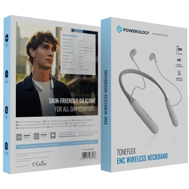 Powerology ToneFlex ENC Wireless Neckband Earphones with Immersive Hi-Fi Audio, Up to 90 Hours Talk Time & Up to 100 Hours Play Time, 850mAh Battery, 13mm Speaker Size, Seamless Dual-Mode, Secure-Fit Design - White